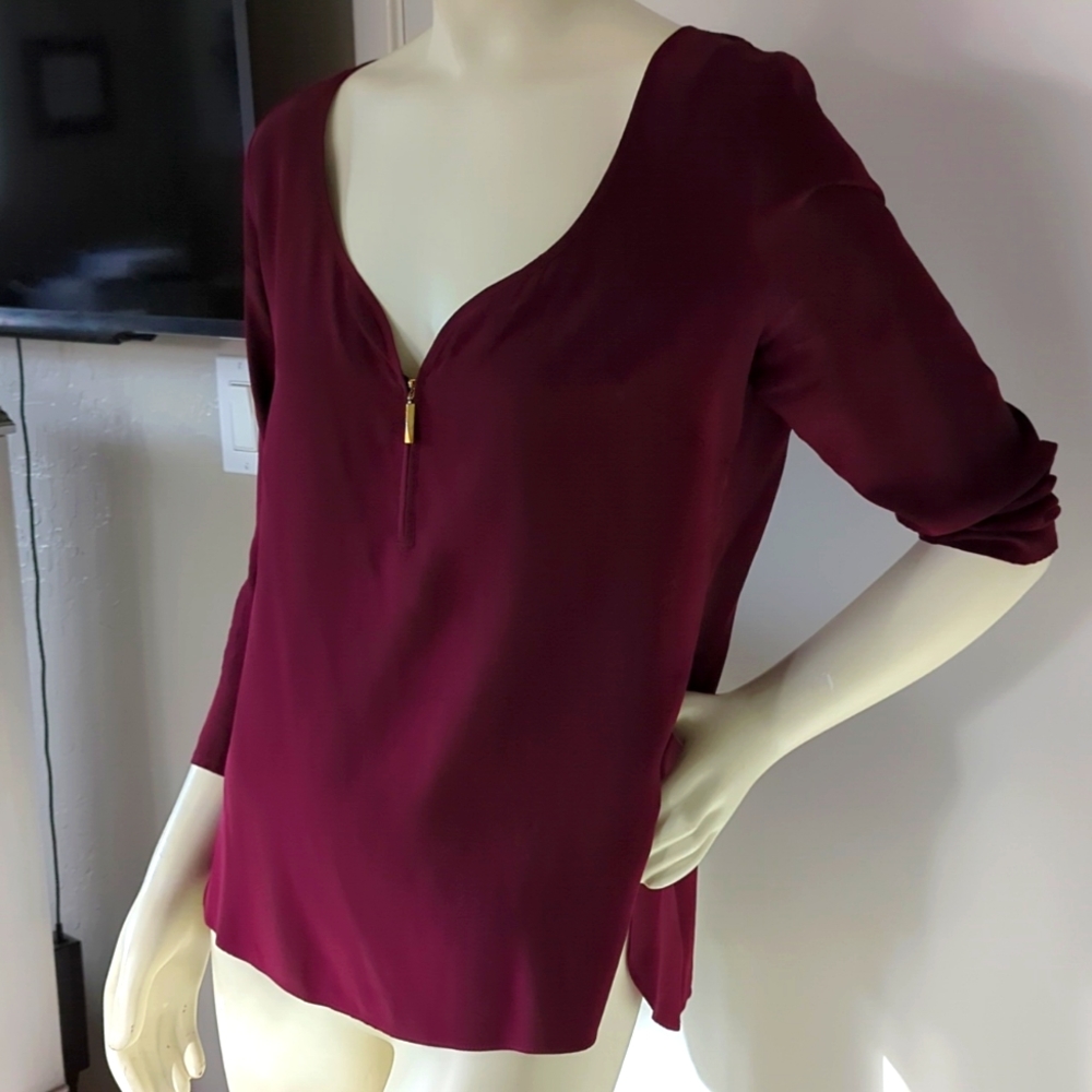 100% Silk Red Blouse with Sweetheart Neckline and gold toggle